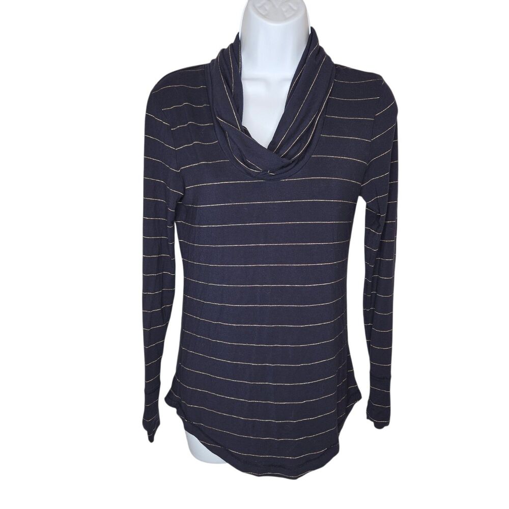 Banana Republic Woman's Navy Blue Gold Metallic Striped Cowl Neck Top Size XS